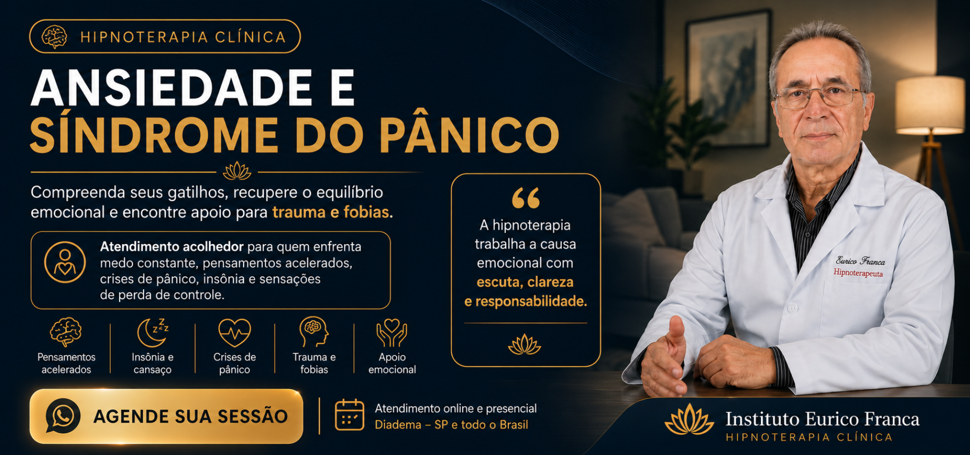 Hipnoterapia Clínica para ansiedade, fobias, medos e bloqueios emocionais com abordagem acolhedora.